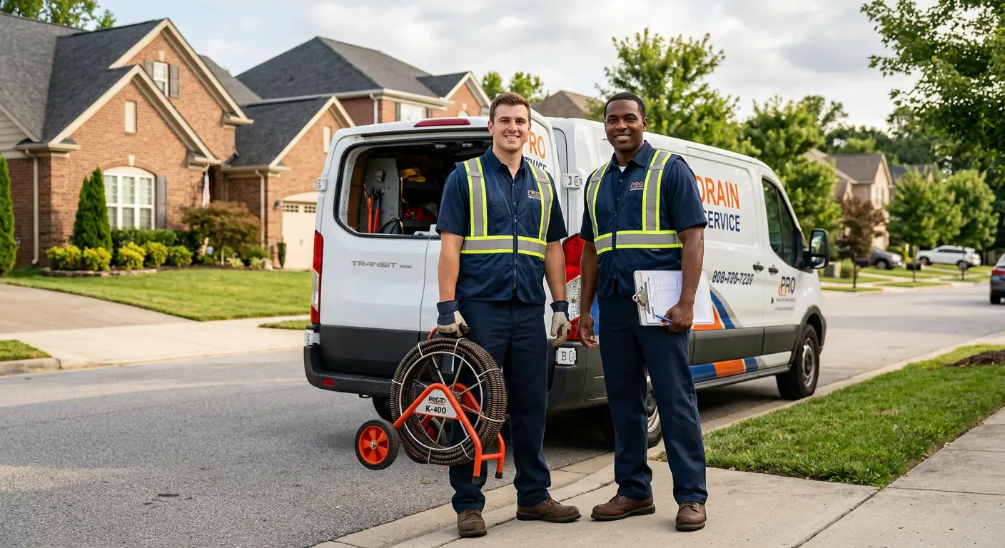Sewer and drain service team with equipment ready for work in Posen