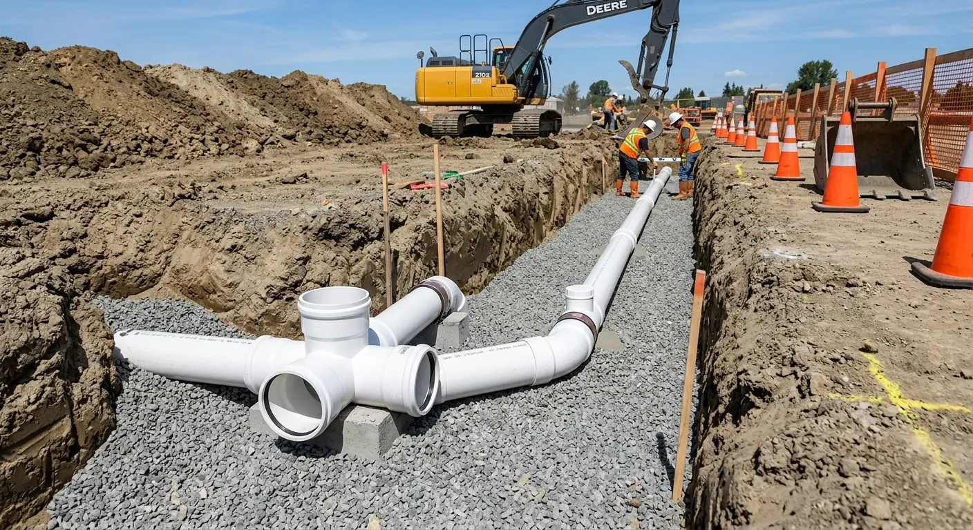 New PVC sewer pipe installation in open trench for Commercial Drain Cleaning in Posen