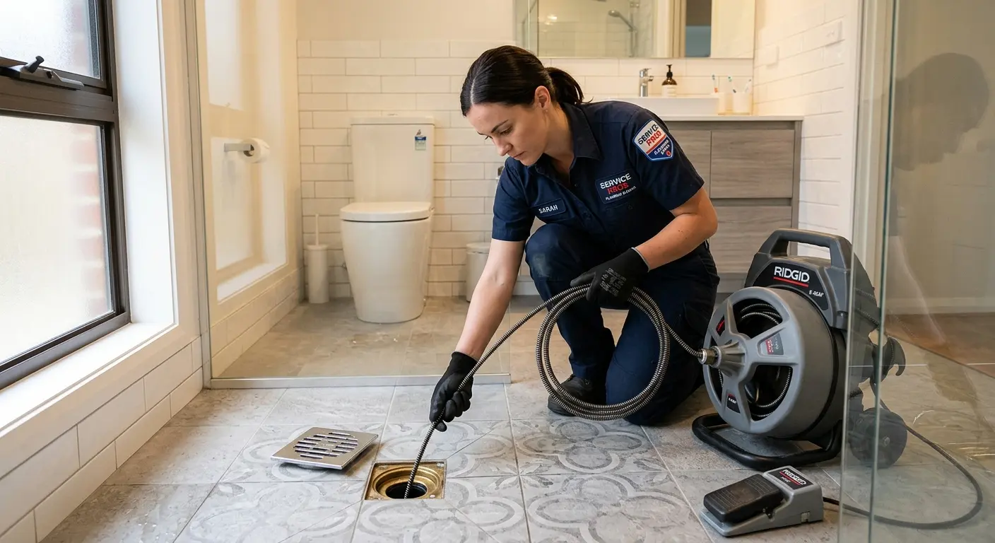 Technician clearing a bathroom floor drain for Sewer Line Replacement in Posen